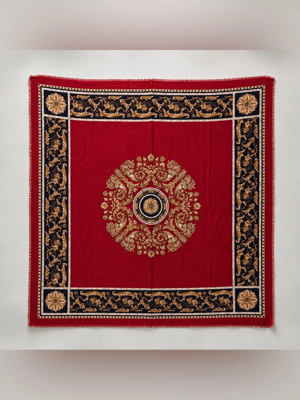VTG Smithsonian Institution 100% Wool Baroque Scarf Shawl Italy 55” Square Red